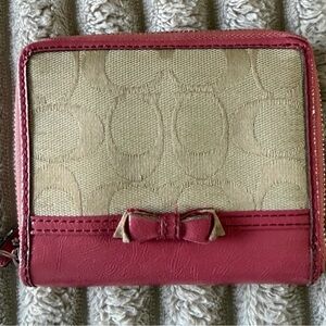 Coach Beige Signature Canvas Bifold Wallet with Pink Trim